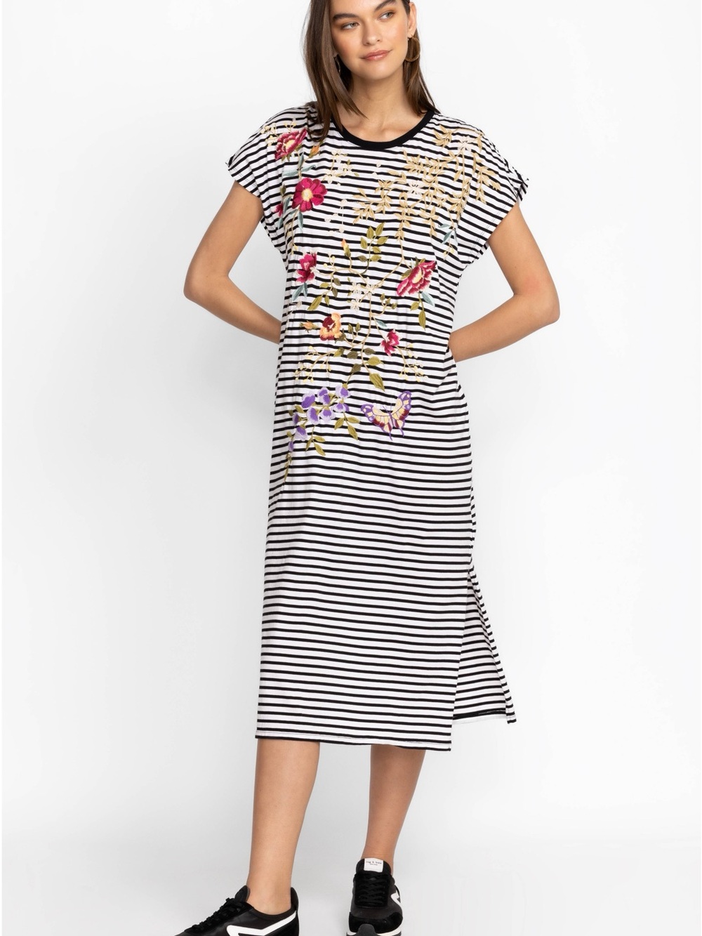 Johnny Was OSAKA RELAXED KNIT
DRESS Striped Floral embroidered Midi Dress XL.